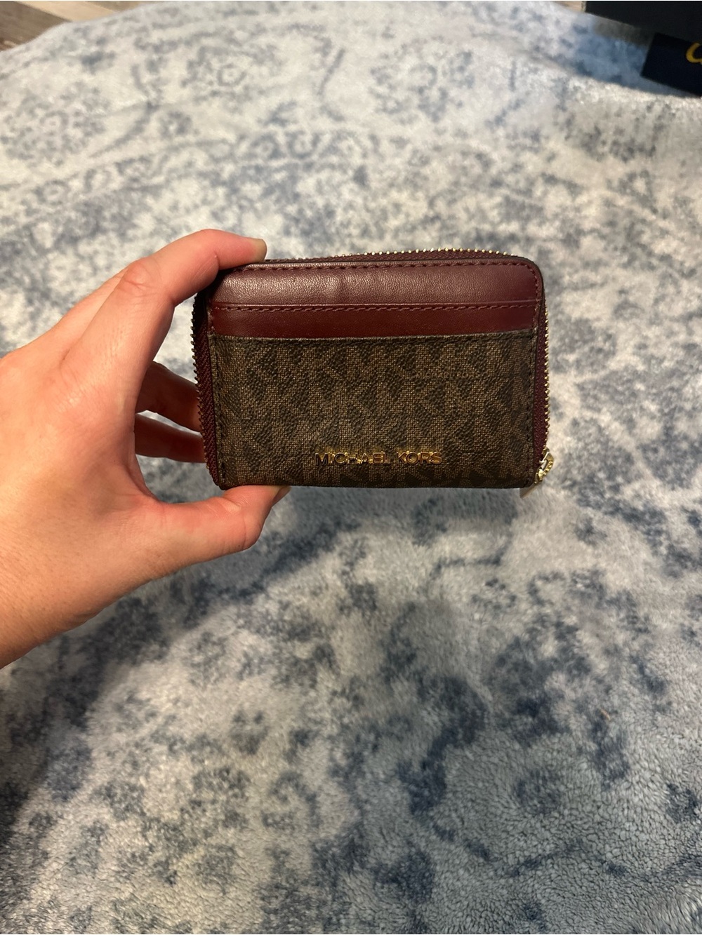 Michael Kors Brown and Burgundy Zip Card Case Wallet